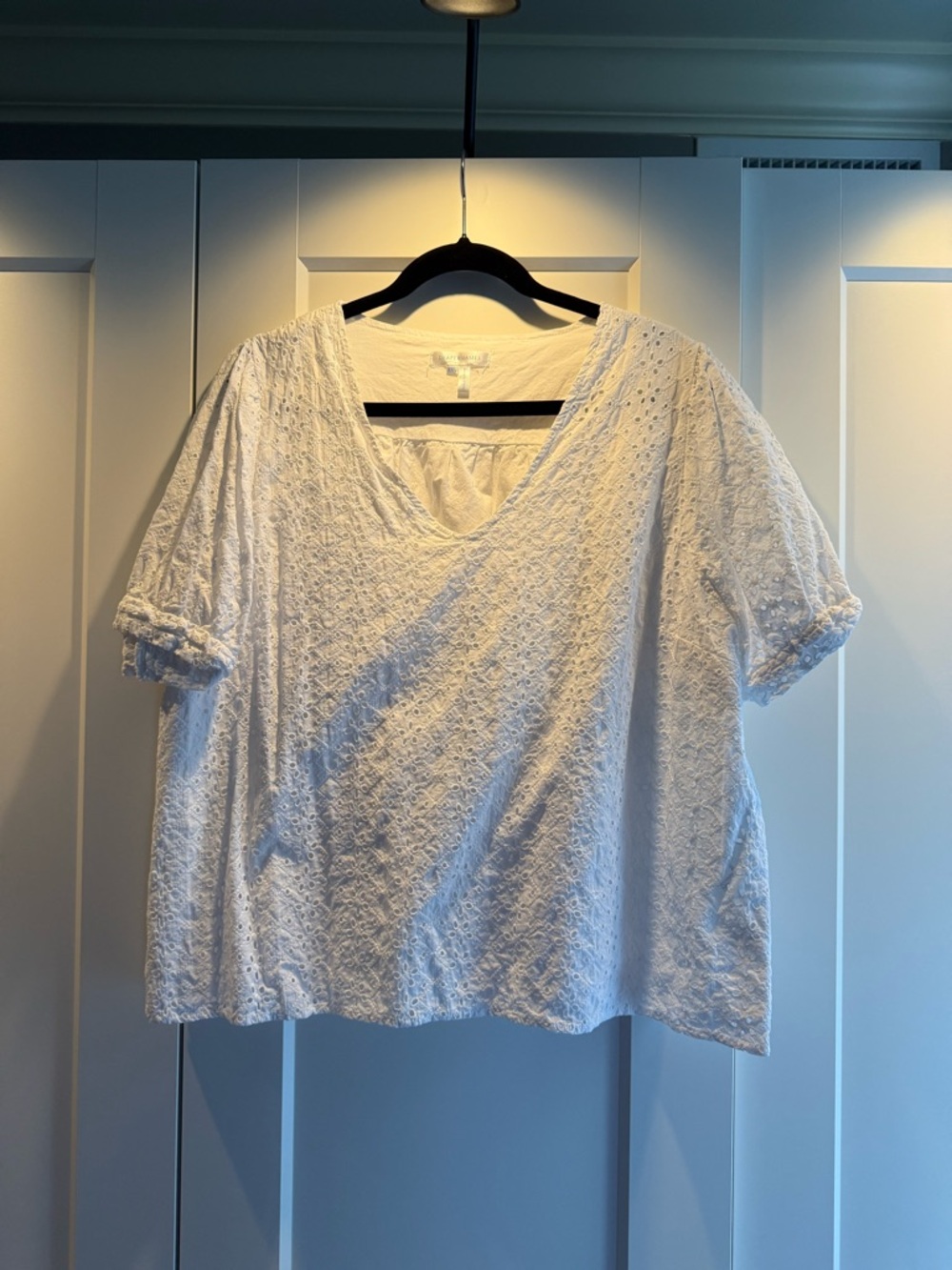 Draper James White Eyelet V-Neck Short Sleeve Blouse